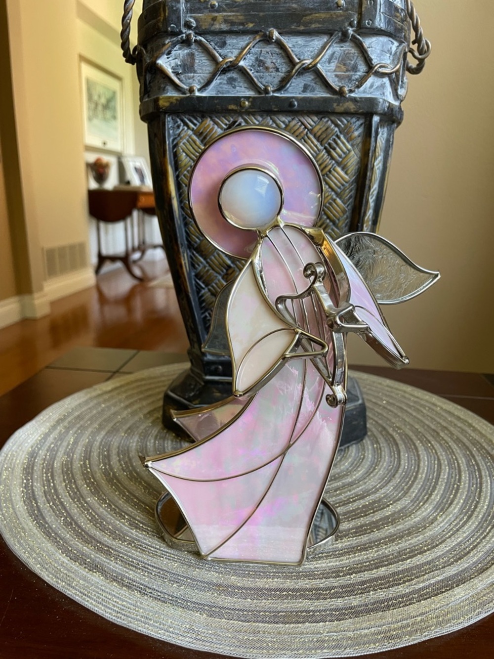 Stained Glass Angel Playing Harp Figurine